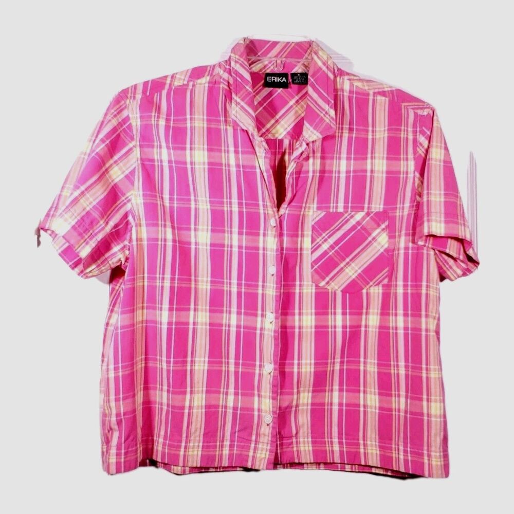 Vintage 90s Y2K Erika Pink Yellow Plaid Camp Shirt Boxy Cropped Cotton Blouse XL